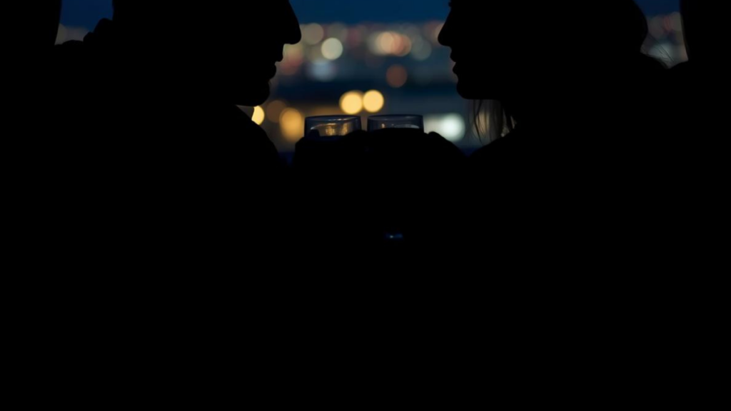 デートで何するかを楽しんだ帰り際、夜景をバックに良いムードで距離が縮まる大人の男女のシルエット。