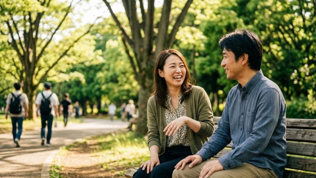 公園で楽しそうに会話する30代未婚の日本人女性と男性。大人の落ち着いた出会いを想起させる自然なスナップ。指輪のない左手が新しい関係を予感させる。華の会メールのレビュー記事向け。