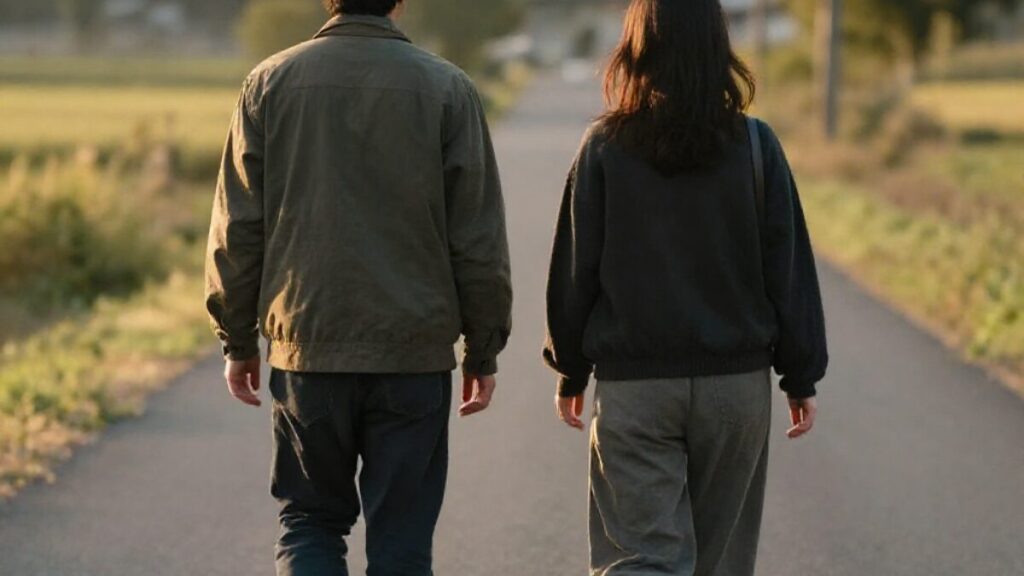 地方の自然な風景の中を歩く、40代男性と女性のカップルの後ろ姿。ハッピーメールのレビューに基づく落ち着いた出会いのイメージ。