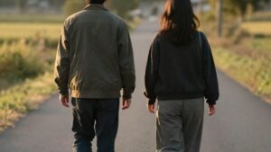 地方の自然な風景の中を歩く、40代男性と女性のカップルの後ろ姿。ハッピーメールのレビューに基づく落ち着いた出会いのイメージ。