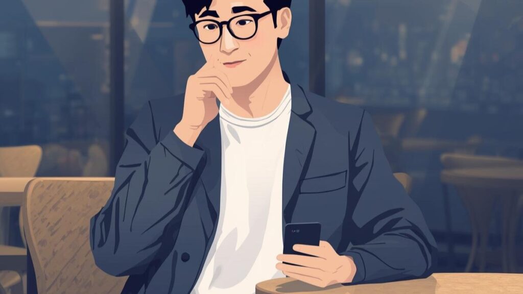 イククル・レビューの決定版として、地方住みの40代男性が長年の経験と自衛術を活かしながら、カフェで落ち着いてアプリを操作している様子を描いたイラスト。