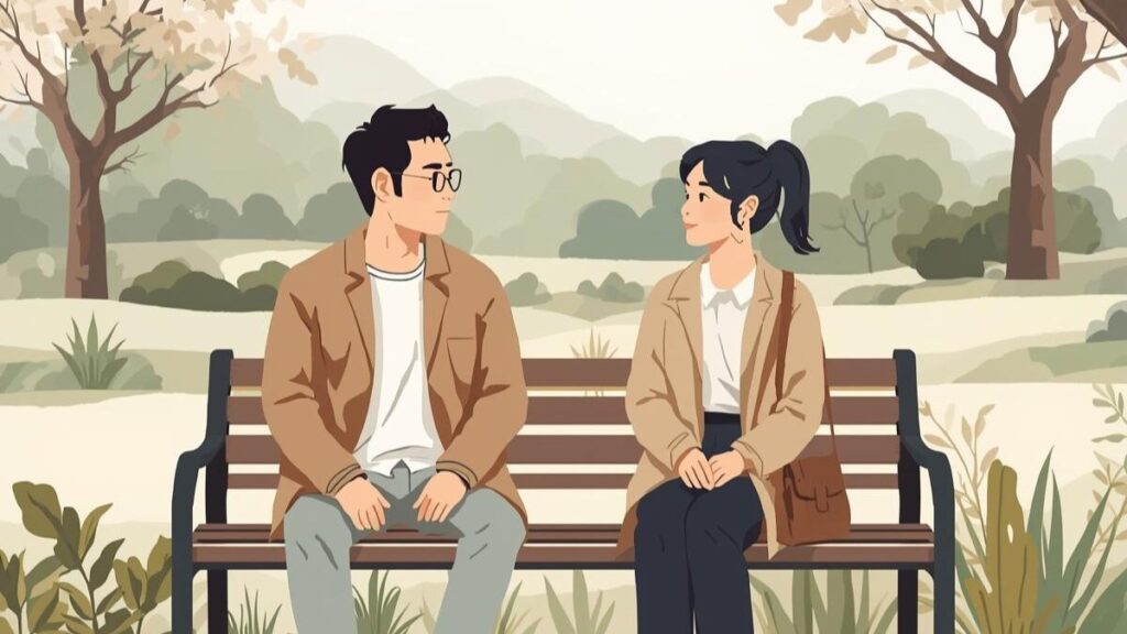 地方の40代にとって最適な選択肢であるというイククル・レビューの結論を表現した、穏やかな公園で自然な出会いを楽しむ日本人男女のフラットイラスト。