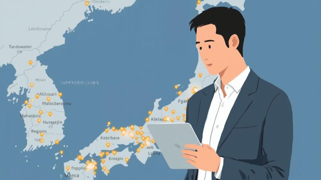 日本地図上のアクティブユーザーを確認し、イククルのレビューで解説されている地方での会員数や出会いの可能性を視覚化したクリーンなイラスト。