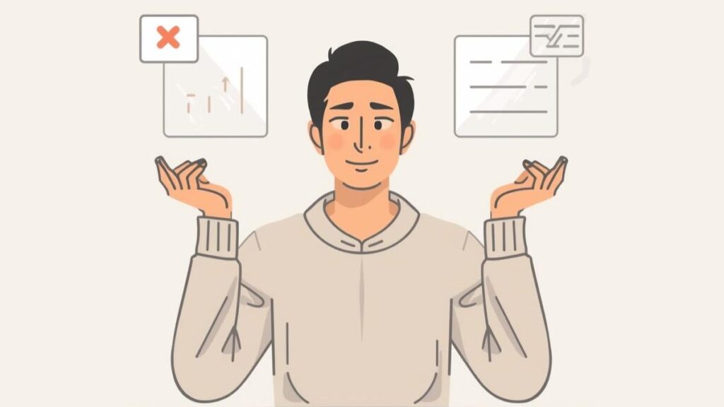 イククルのレビューで紹介されているメリットとデメリットを、客観的な視点で冷静に比較検討している40代男性の落ち着いた雰囲気のイラスト。