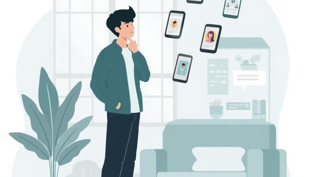 複数のマッチングアプリの中から、イククルのレビューを参考に自分の目的や地方という環境に合ったものを選ぼうとしている男性のイラスト。