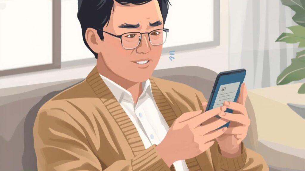 イククル・レビューの手順を参考に、カジュアルな服装でリラックスしながらスマートフォンの登録設定を行っている40代男性のイラスト。