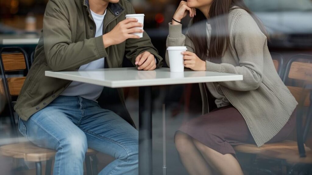 地方40代男性も対象となるマッチングアプリの安全性を確認した上で、穏やかにカフェで過ごす男女の様子を写した写真。