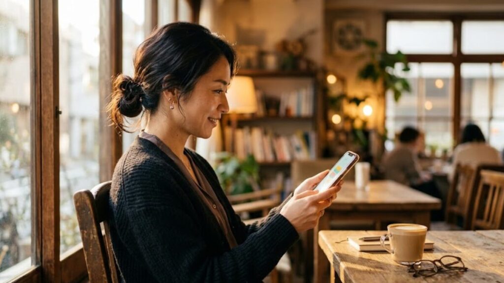 マッチングアプリの日記活用術を読み、魅力的な投稿に思わず興味を引かれる大人の女性の自然な表情。