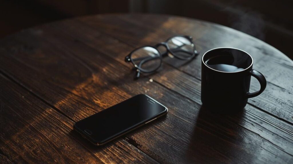 テーブルに置かれたスマホとコーヒー。マッチングアプリの日記で大人の魅力を伝え、出会いを増やすための準備が整った静かな空間。