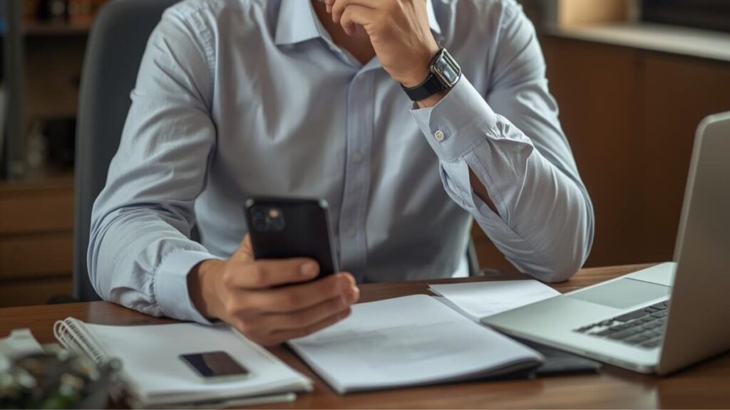 書斎でスマホと情報を照らし合わせる男性。自分に合ったマッチングアプリの日記機能やサイトを選び、戦略的に出会いを探す様子。