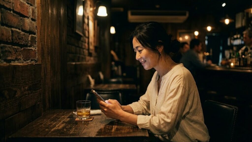 マッチングアプリの日記による露出効果で足跡が増え、自分の存在が誰かの目に留まる瞬間の静かな夜のイメージ。