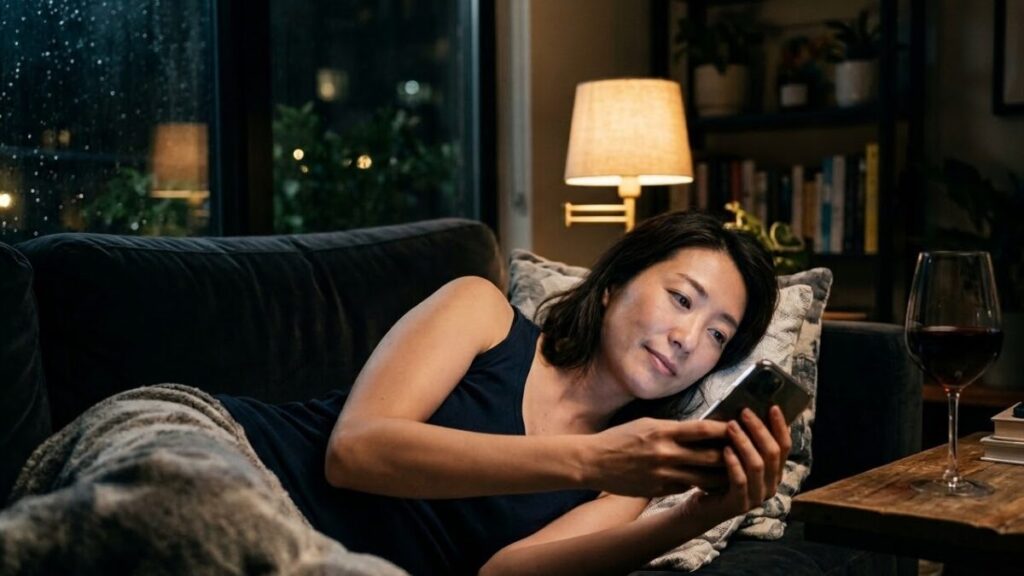 マッチングアプリの日記を読み、夜の静寂の中でその人柄を想像して心惹かれる女性の様子。情緒的な雰囲気。