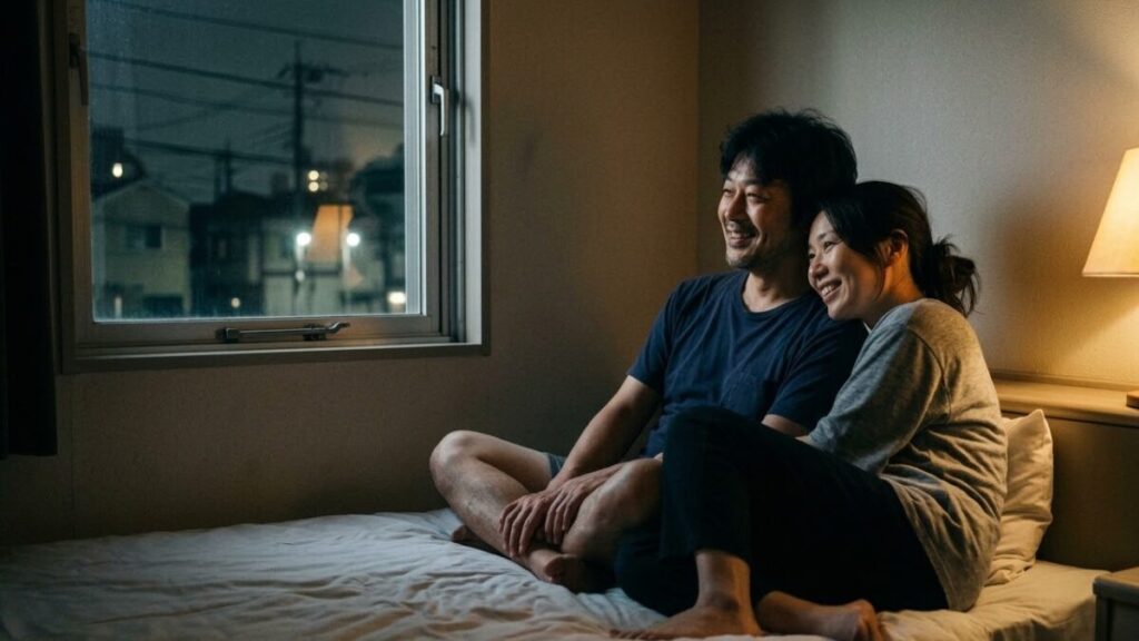 マッチングアプリの日記の例文から、誠実な交流がもたらす、ごく普通のビジネスホテルの部屋での親密で静かな時間をリアルに想像する、親しみやすい雰囲気の男女。