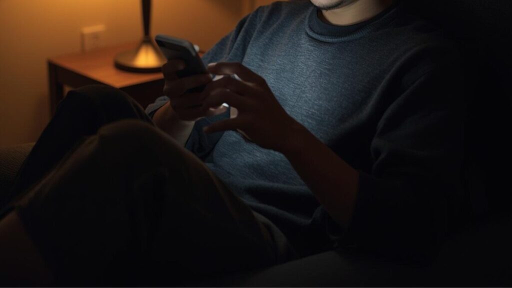 夜のリラックスタイムにスマホを操作する男性。マッチングアプリの日記を無理のない頻度で続け、誠実さを伝える大人の習慣。
