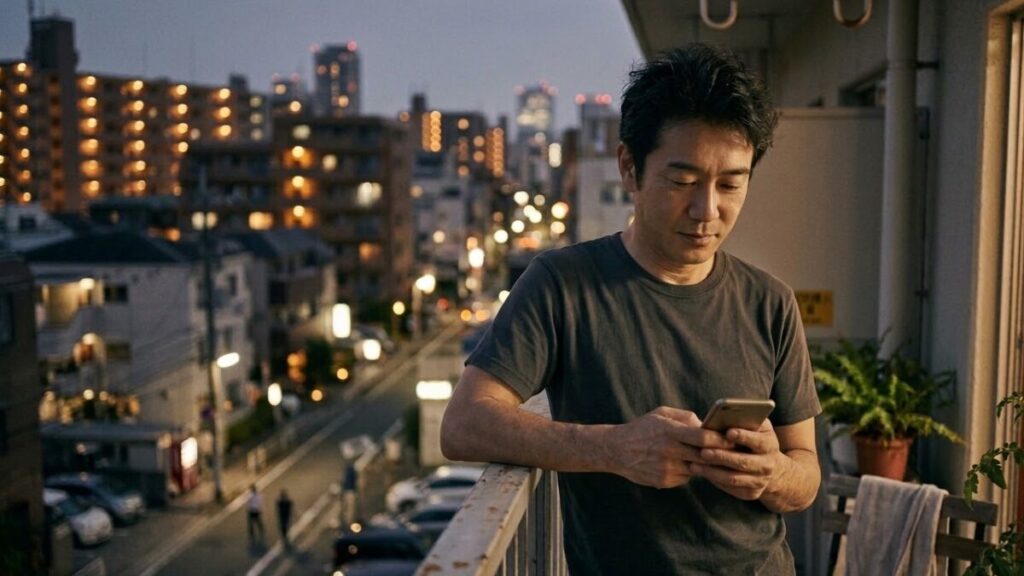 マッチングアプリの日記機能を活用するために、自分に合ったサービスを落ち着いた夜の時間に検討する男性の姿。