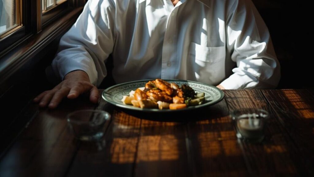 地元の名店で上質な料理を楽しむ40代男性の様子。マッチングアプリの日記でグルメ情報を発信することは、女性と共通の話題を作り、センスをアピールする鉄板のネタです。