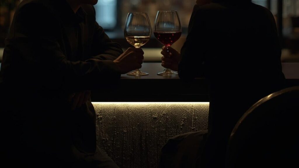 夜のバーで静かに語り合う大人の男女。マッチングアプリの日記で「夜の雰囲気」や情緒を演出することで、実際にこのような素敵なデートができると女性に想像させる。