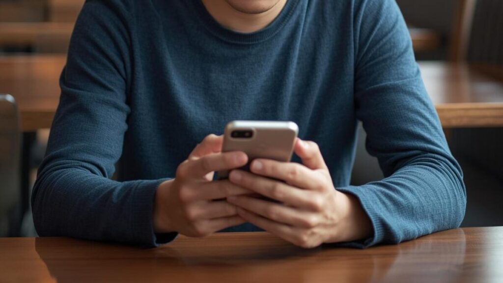 カフェで落ち着いた様子でスマートフォンを操作する男性。マッチングアプリのメッセージのコツを実践し、返信率を高めるための準備をしているイメージ。