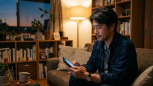 夜のリビングでスマホを片手に話題を考える40代男性。マッチングアプリのメッセージのコツを意識した、誠実でリアルな日常の風景。