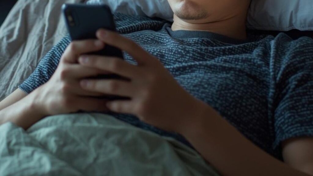 自宅で気怠げにスマホを持つ男性。毎日のやり取りに疲れを感じつつ、マッチングアプリのメッセージのコツで無理なく継続する方法を模索している。