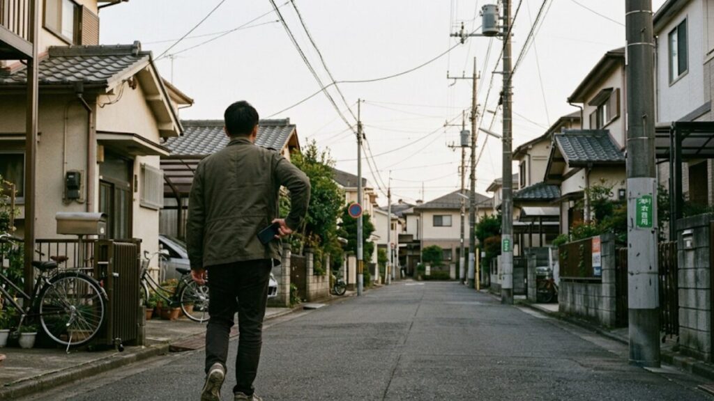 返信に執着せず、静かな住宅街を歩く40代男性。進展がない相手を見切り、マッチングアプリのメッセージのコツを意識して次に進む心の余裕を感じさせる姿。