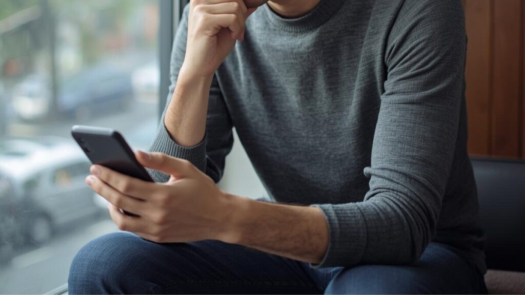 窓辺でスマホを見つめ、真剣に考えを巡らせる男性。男性向けに解説されたマッチングアプリのメッセージのコツを読み解き、戦略を練っている様子。