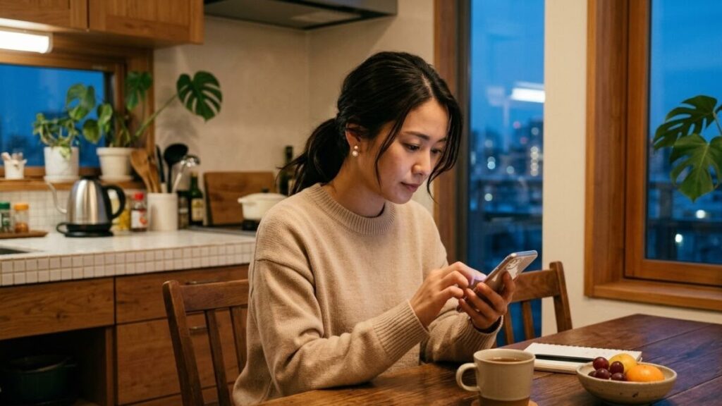 自宅のテーブルで丁寧にメッセージを入力する女性。共通点を探して返信をもらいやすくするマッチングアプリのメッセージのコツを実践する様子。