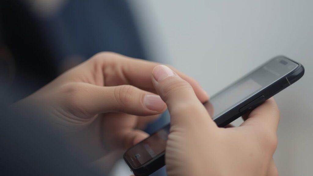 スマートフォンで慎重に文章を入力する手元のアップ。マッチングアプリのメッセージのコツを活用し、最初の挨拶を丁寧に作成しているシーン。