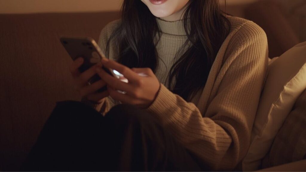 リビングでスマホを見ながら微笑む女性。マッチングアプリのメッセージのコツを押さえた「いいね」を受け取り、好印象を抱いている様子。