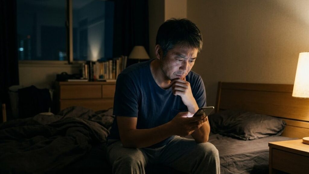 夜の自室で自分のやり取りを振り返る40代男性。一方的な内容になっていないか、マッチングアプリのメッセージのコツを再確認する内省的なシーン。