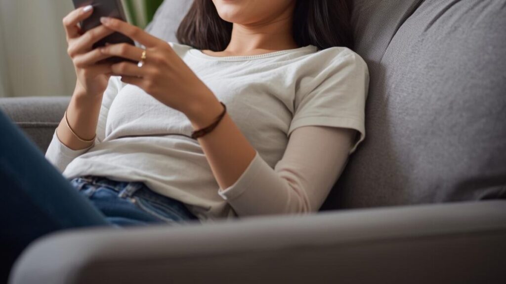 自宅のソファでリラックスしてスマホを操作し、自分から連絡をする女性。女性側からのアプローチに対し、マッチングアプリのメッセージのコツを用いて丁寧に対応する重要性を示唆。