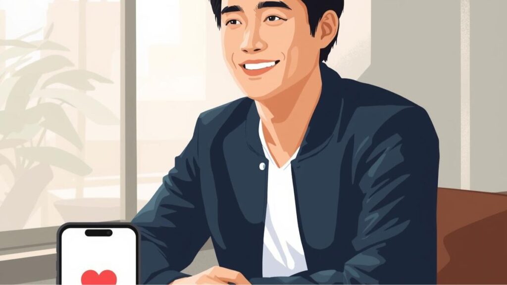 マッチングアプリの写真で男が好印象を与える、清潔感ある服装をした日本人男性の自然な笑顔の他撮り風イラスト。