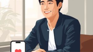 マッチングアプリの写真で男が好印象を与える、清潔感ある服装をした日本人男性の自然な笑顔の他撮り風イラスト。