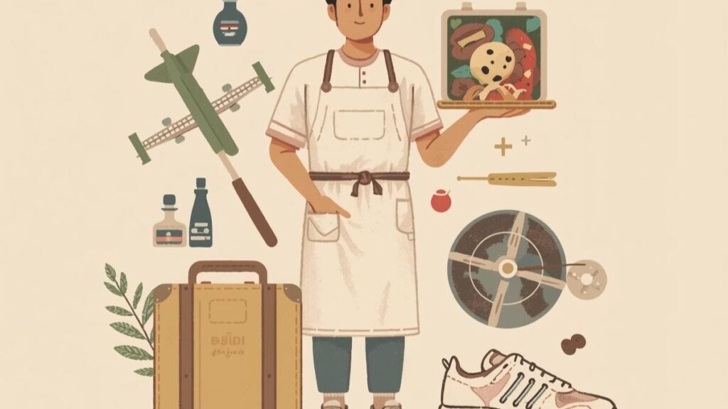 マッチングアプリの写真で男が家庭的さをアピールする、エプロン姿で料理を持つ日本人男性と趣味のアイテム。