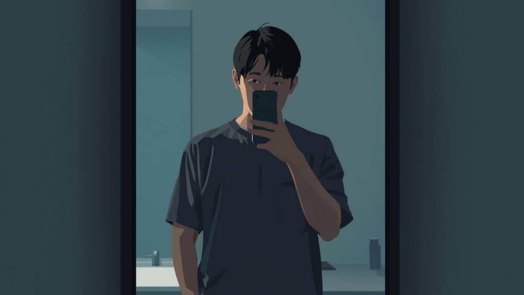 マッチングアプリの写真で男が避けるべき、洗面所での自撮りをする日本人男性の孤独感を感じさせる構図。