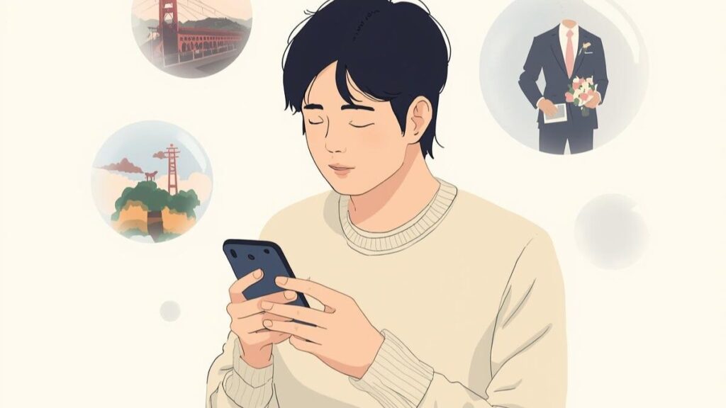 マッチングアプリの写真で男が使える素材がない時に、過去のアルバムを見返す日本人男性の様子を描いたイラスト。