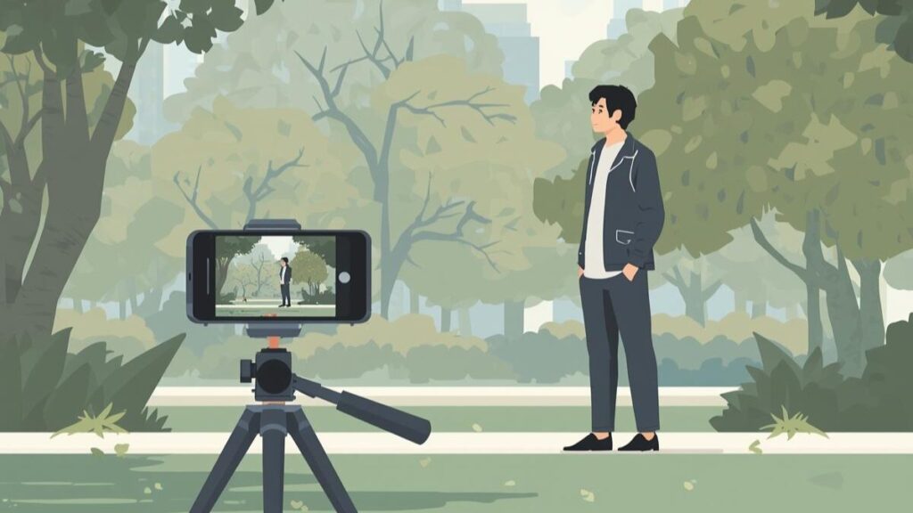 マッチングアプリの写真で男が一人でも他撮り風に見せるため、三脚を使って撮影する日本人男性のテクニック。