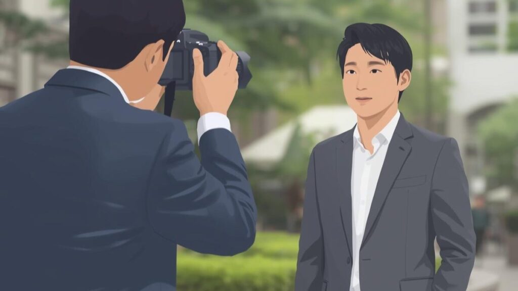 マッチングアプリの写真で男が本気度を伝えるため、プロカメラマンに撮影を依頼している日本人男性の撮影風景。