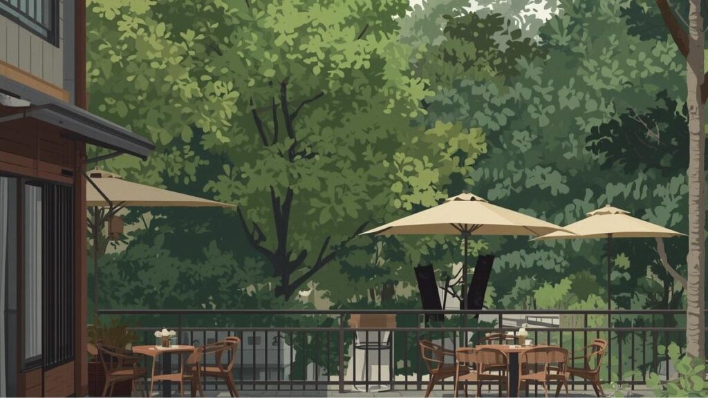 マッチングアプリの写真で男の魅力を引き立てる、日本のカフェテラスや自然豊かな公園の背景イメージ。