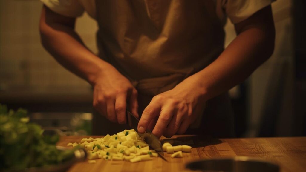 キッチンでエプロンを着け、食材を包丁で切っている日本人男性の手元のクローズアップ。マッチングアプリの写真で男が家庭的な一面をアピールする、料理の様子。