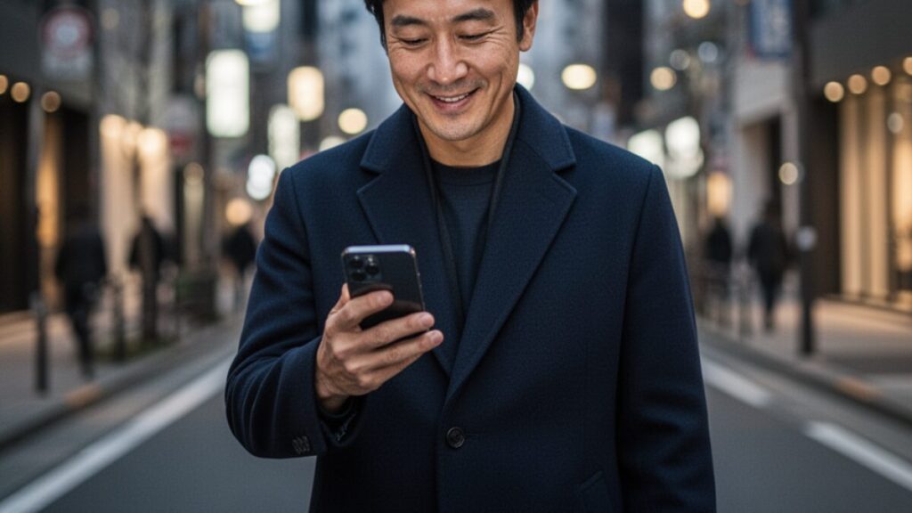 住宅街でスマートフォンを確認する、清潔感のある40代の日本人男性。平均的な外見ながらも誠実さが伝わる、マッチングアプリのプロフィール文を検討している日常の様子。