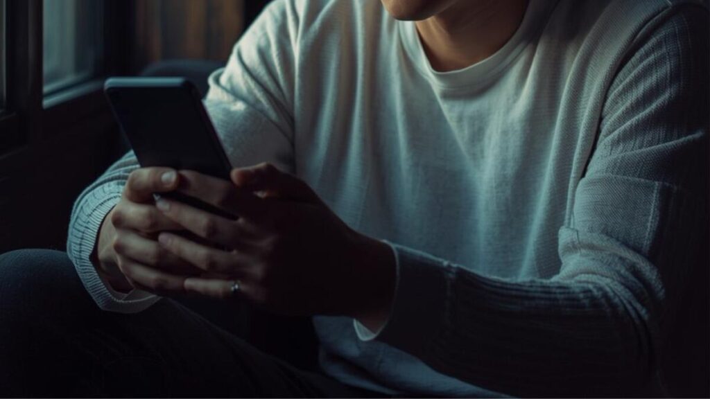 スマートフォンを操作し、マッチングアプリのプロフィール文について真剣に考えている30代40代の日本人男性の落ち着いた様子。