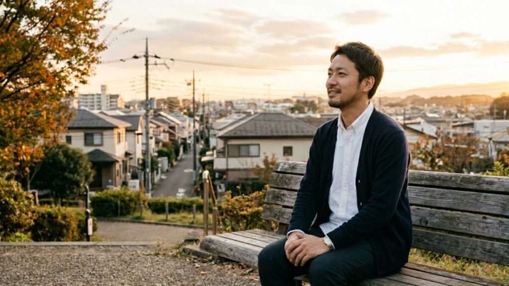 これからの出会いに向けて前向きな決意を固める男性。誠実さが伝わるマッチングアプリのプロフィール文にふさわしい動機を表現した風景。