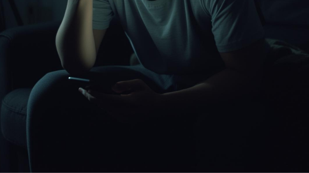 薄暗い部屋でスマートフォンを見つめ、手で顔を覆って悩んでいる男性の姿。マッチングアプリのプロフィール文での失敗やNG例に対する不安を表現。