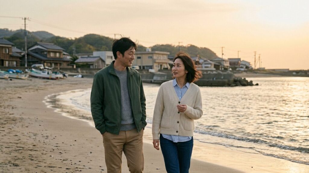 穏やかな海辺で自然体で会話を楽しむ30代の男女。丁寧なマッチングアプリのプロフィール文が繋いだ、誠実な出会いの始まり。