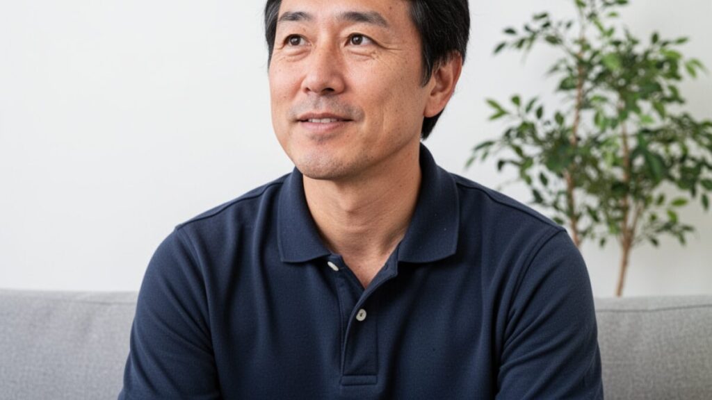 整理整頓された室内で考え込む、ごく一般的な30代の日本人男性。マッチングアプリのプロフィール文に、自分の性格を具体的なエピソードで書こうとしている誠実な場面。