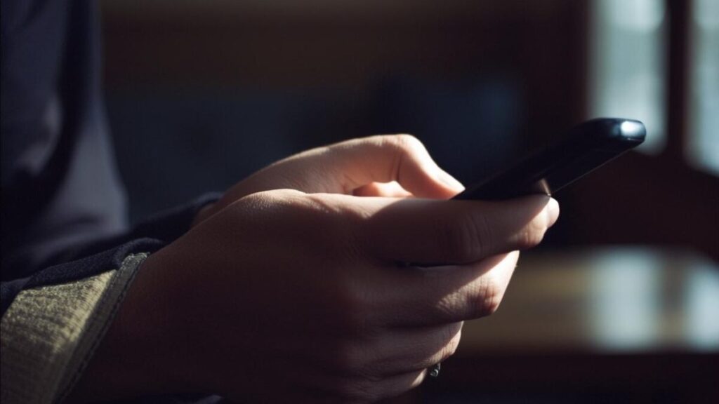 スマートフォンを操作してマッチングアプリのプロフィール文の基本項目を丁寧に入力している男性の手元のクローズアップ。