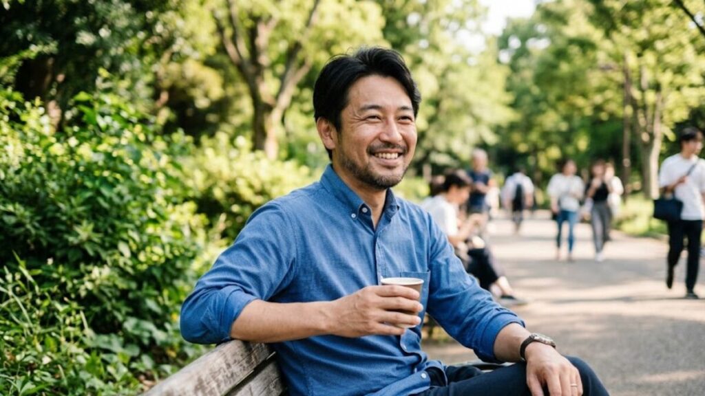 公園の木陰で自然な表情を見せる、標準的なルックスの40代男性。マッチングアプリのプロフィール文で女性に安心感を与える、清潔感のある他撮り写真の構図です。