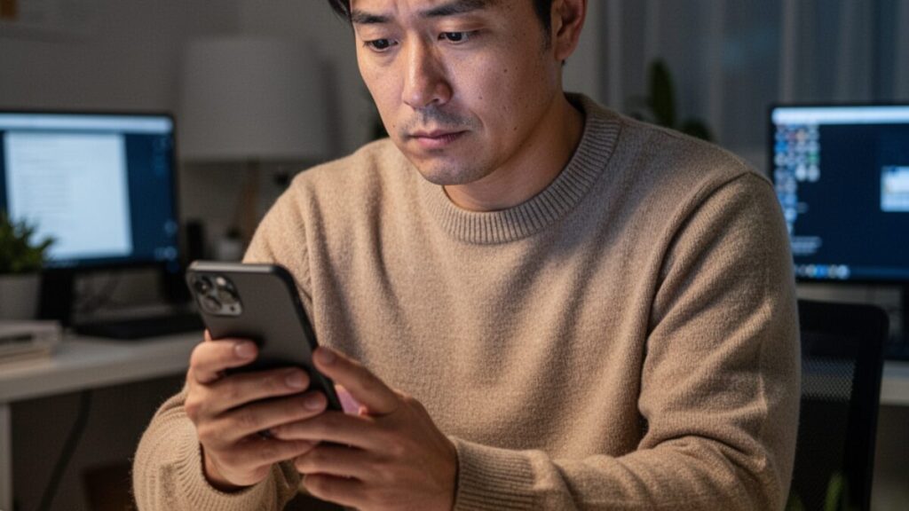 夜の書斎でスマートフォンの画面を真剣に見つめる50代の日本人男性。短い言葉では伝えきれない誠実さを、マッチングアプリのプロフィール文に込めようと悩む様子。