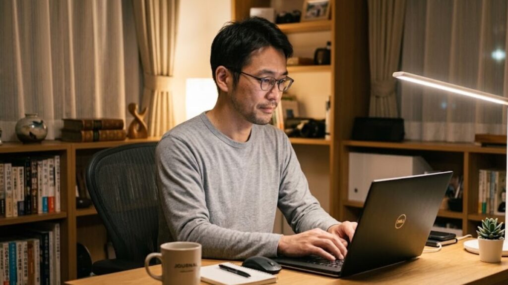 自宅のデスクで丁寧に文章を作成する、平均的な外見の30代男性。例文を参考に、自分らしい誠実なマッチングアプリのプロフィール文を完成させようとしている姿。